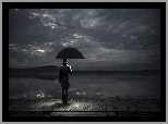 Parasol, Deszcz, Pomost, Jezioro, Mężczyzna